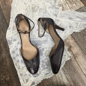 Vintage Etienne Aigner Brown Reptile Embossed Leather Ankle Strap Heels Y2K